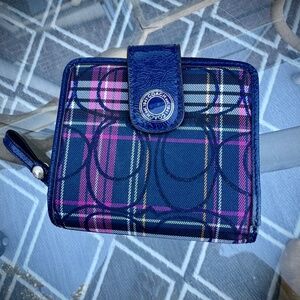 Coach Blue and Pink Plaid Women's Compact Wallet